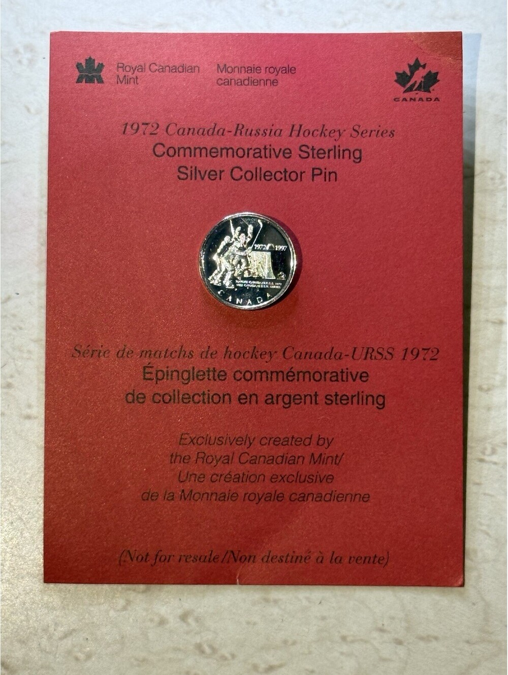 1997 RCM Canada Russia Hockey Summit Series .925 Sterling Silver Pin Card